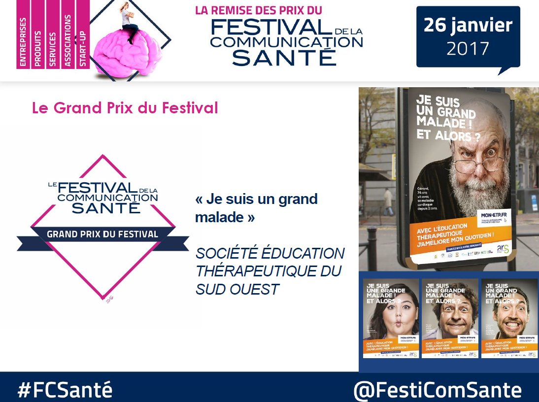 FestiComSante's tweet photo. #FCsanté : Grand prix : " Je suis un grand malade " de #SETSO avec l'ARS #occitanie https://t.co/qjpu9n1Qqq #ETP https://t.co/IwsaMd3SKM