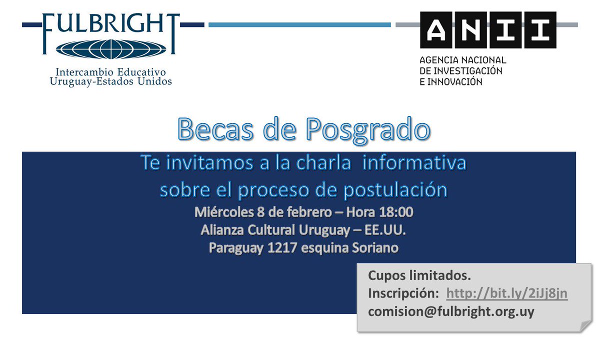 AuciUruguay's tweet photo. Compartimos invitación: 8 de febrero se realizará charla informativa sobre becas de posgrado @ANIIuy y @FulbrightUY  https://t.co/CxySeVJNQZ https://t.co/vyMuWdPgBO