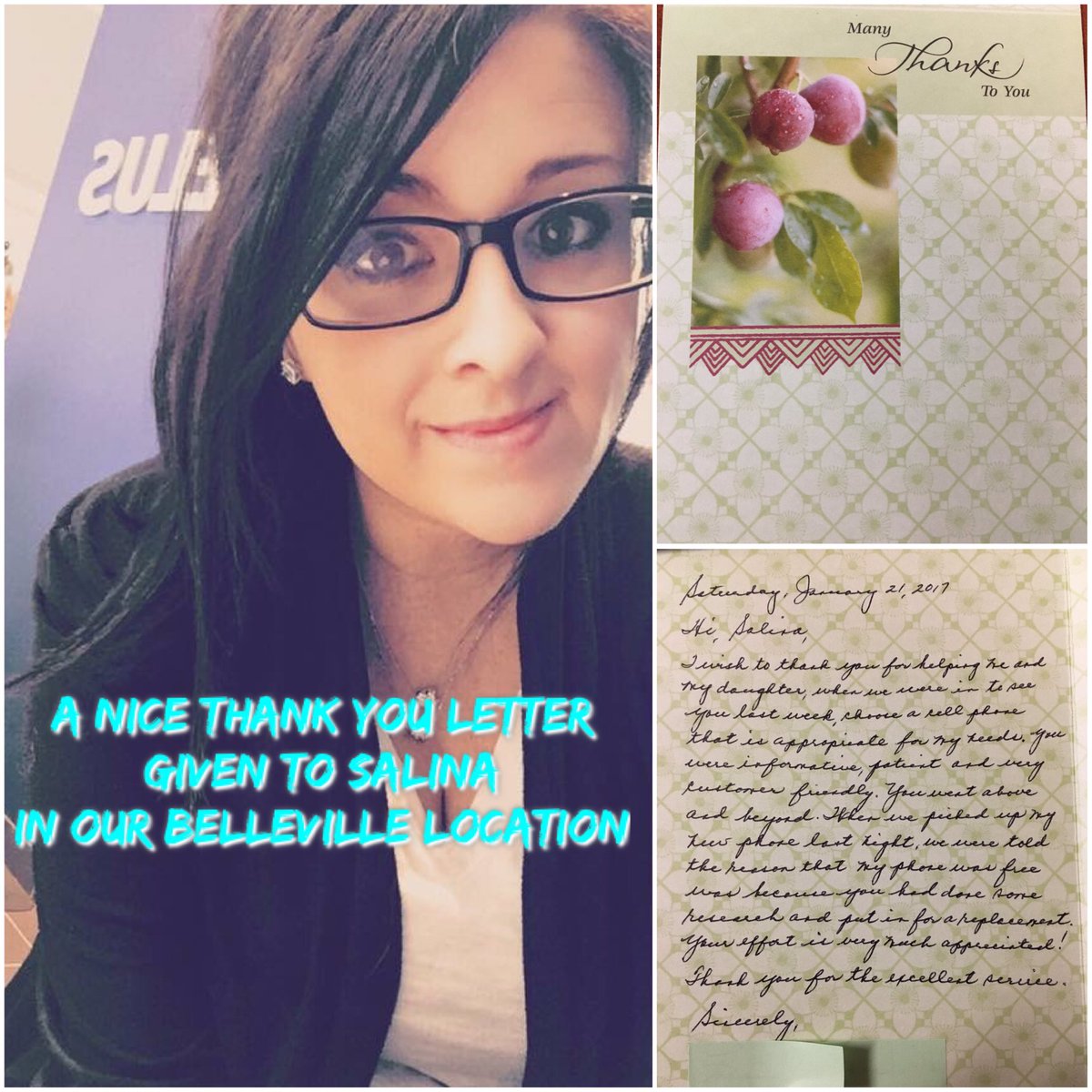 D2WirelessTELUS's tweet photo. #ThankYou to our clients for the cards and emails you send about our team Congrats to @salinaaaa_xo #appreciate #wehavethebestclients #TELUS https://t.co/JDcO0b08Ci