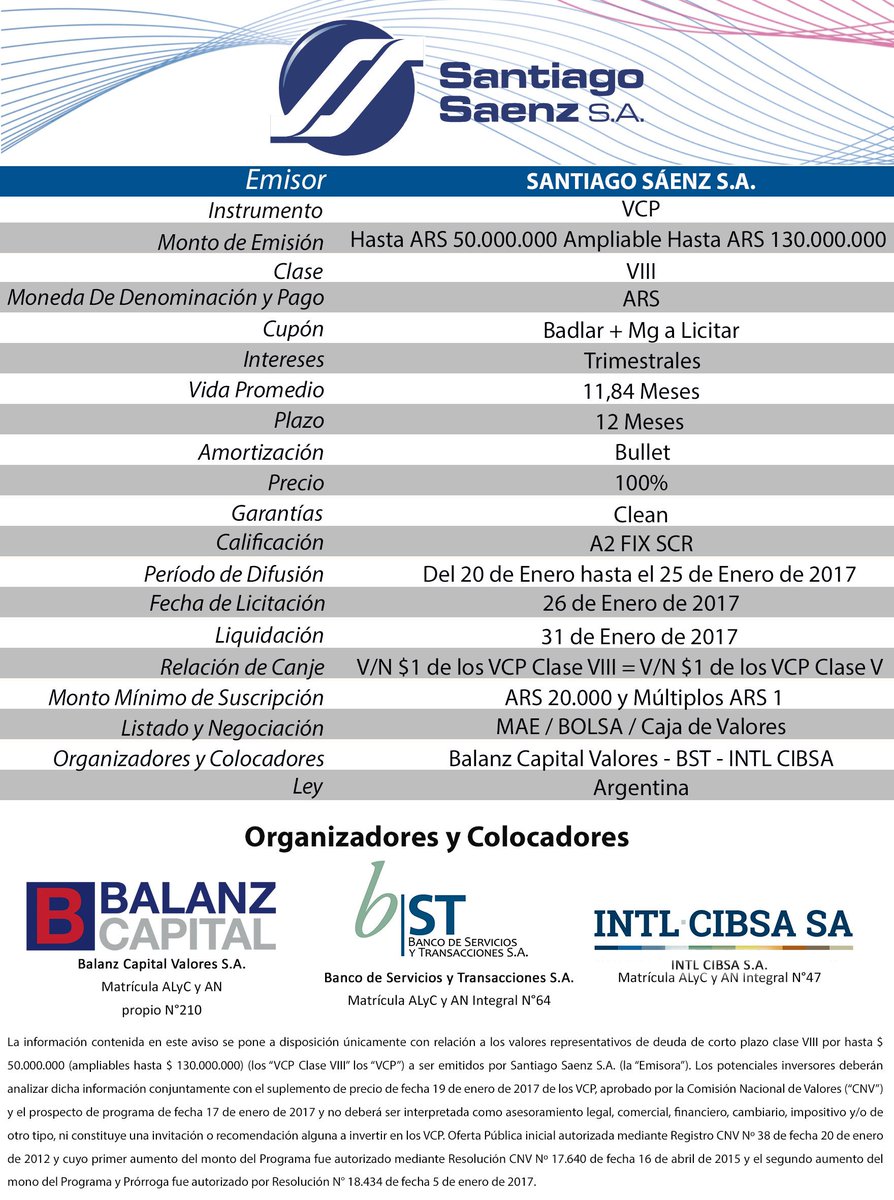 BalanzCapital's tweet photo. Hoy se estarán #licitando los VCP Clase VIII de Santiago Sáenz, con Balanz Capital Valores (BCV) participando como Organizador y Colocador. https://t.co/U1oqN4EFQJ