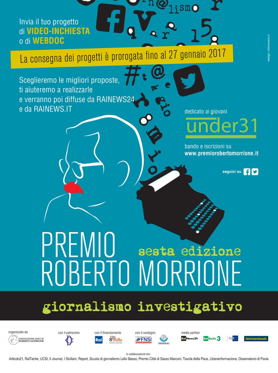 premiomorrione's tweet photo. Ultimi giorni per partecipare alla 6a edizione del #premioMorrione rivolto agli #under31 con una idea di #inchiesta #giornalismo #bando https://t.co/MEYzAvGL5e