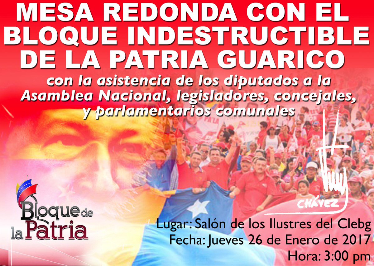 Asiste hoy a las 03:00PM en el salón del <a href="/Clebguarico/">CLEBG</a> en la Mesa Redonda del @BloqueDePatria #Guárico <a href="/rerchacin/">R. Rodriguez Chacin</a> <a href="/uhcarola/">Carola Martinez</a> @SibciGuarico