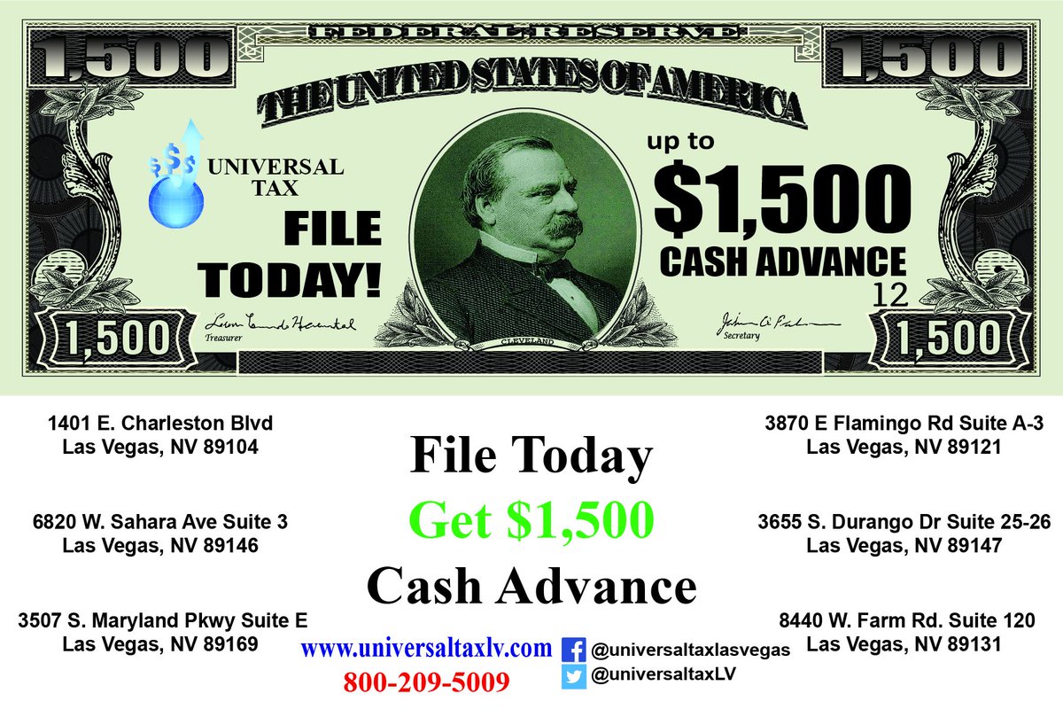 File Today!

Get $1500 Cash Advance

Book an appointment today! (800) 209-5009
Read more: universaltaxlv.com/special-offers/

#tax #Nevada #taxes