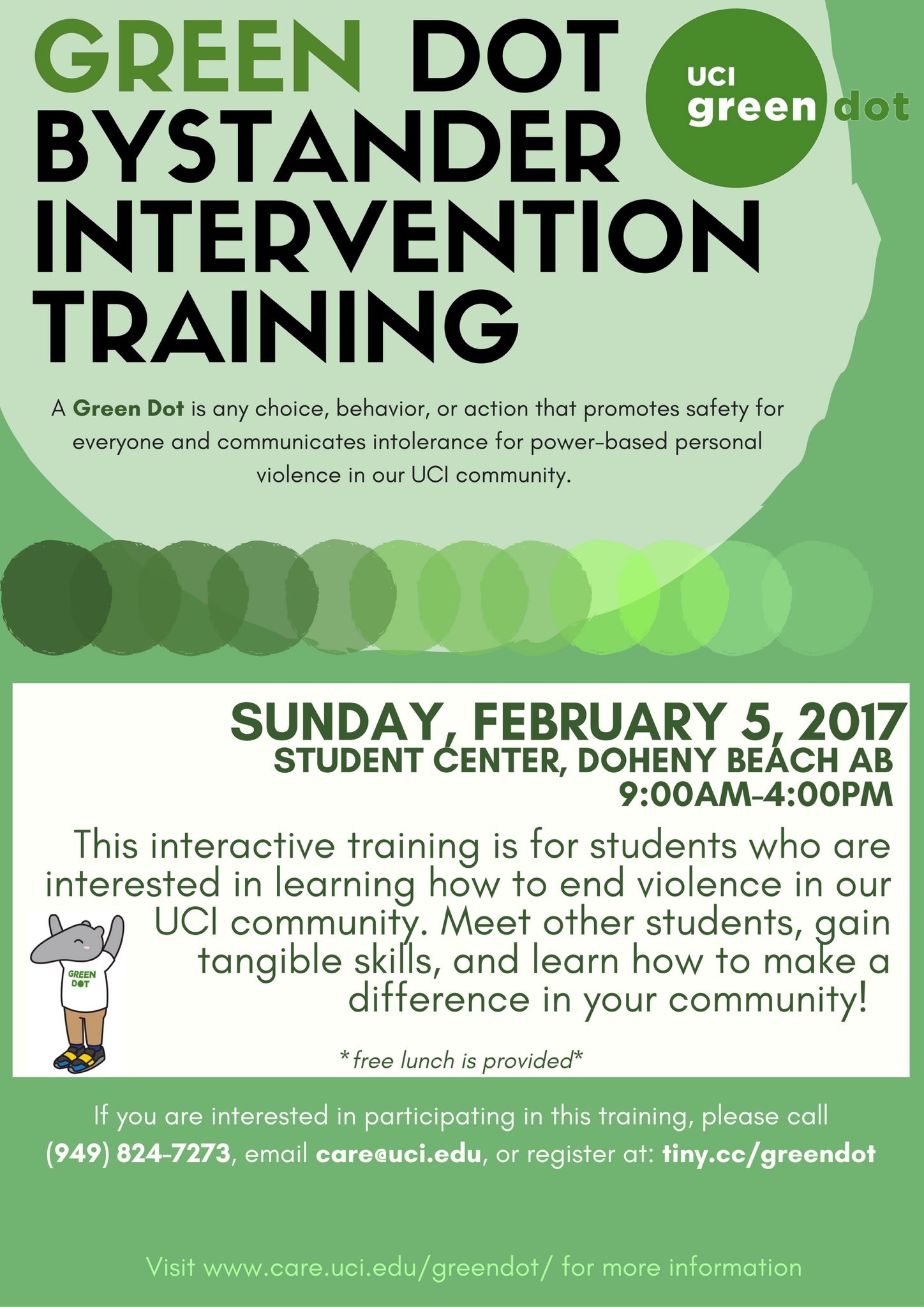 UCI Care on Twitter: "Interested in getting trained in Green Dot Bystander  Intervention? Join our first training of 2017 on Sun, Feb 5! Lunch will be  provided. https://t.co/ASSiW4tw8c" / Twitter