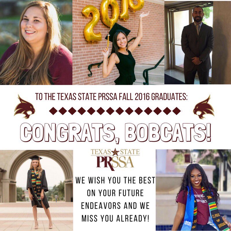 txstprssa's tweet photo. Congratulations to last year's #txstprssa Fall 2016 graduates! We know you will continue to do great things. #PReparingPRos #TXST https://t.co/1g32TXrJey