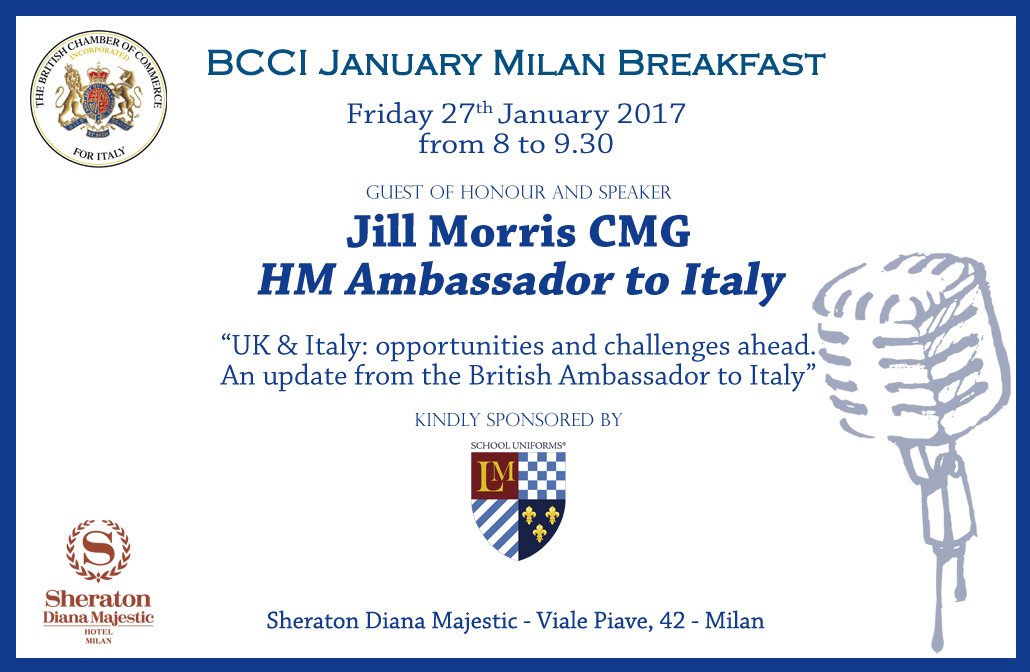 BritChamItaly's tweet photo. Look forward to tomorrow's #BCCIBreakfast w/ guest of honour &amp; speaker HM Ambassador to Italy @JillMorrisFCO TKS to #LMSchoolUniforms https://t.co/iMdnWzZ4qn