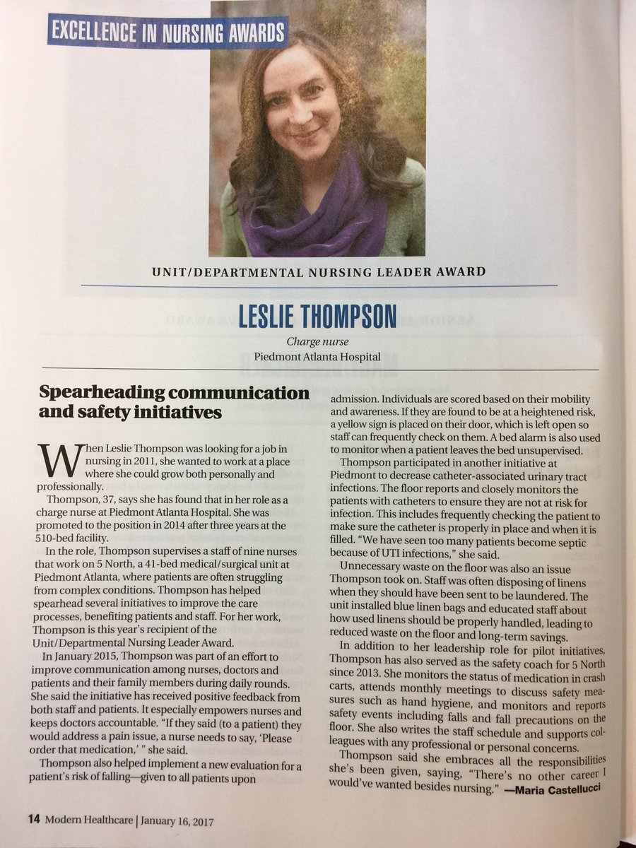 KBrown_Piedmont's tweet photo. Congrats @PiedmontHealth rock star-charge nurse, Leslie Thompson. @modrnhealthcr nursing leadership award winner. #patient_centered #quality https://t.co/T6ZKplOS0V