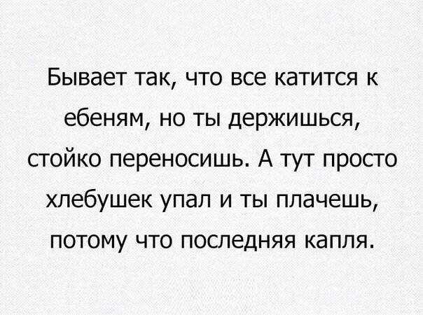 Бывает терпишь терпишь. Всё катится к ебеням. Хлебушек упал и ты плачешь. Качусь к ебеням. Всё летит к ебеням.