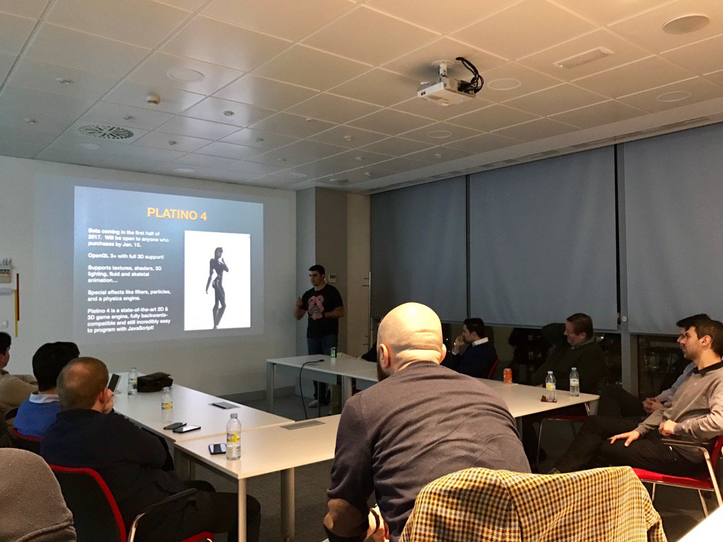 AppcDev's tweet photo. Learning about @PlatinoEngine  4 coming -- full 3D support in JS apps using Titanium! #titanium #meetup #Madrid https://t.co/pi64pqMHv7