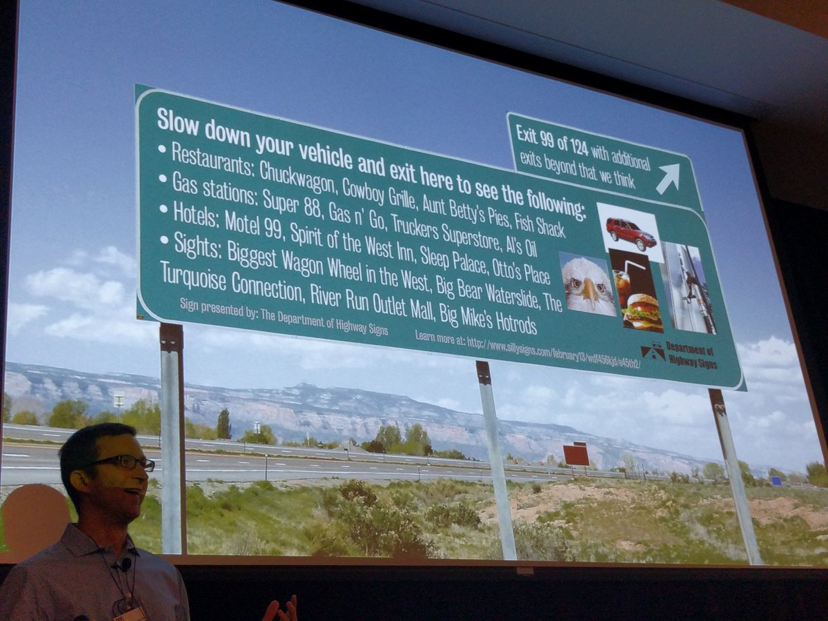 FoodBeerScience's tweet photo. "if life was like PowerPoint we'd have road signs that look like this"-@treubold #SciTalkNW #DeathByPowerpoint #scicomm https://t.co/BSlnLgxPGA