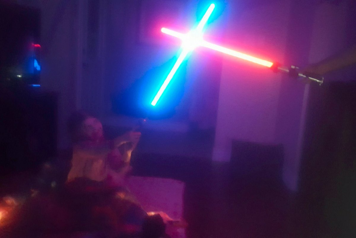 slickr98's tweet photo. Well, the power is back on after 48 hours. I will miss the random fun Lightsaber battles that took place all around the house. :) #moncton https://t.co/PRag9ksRjw