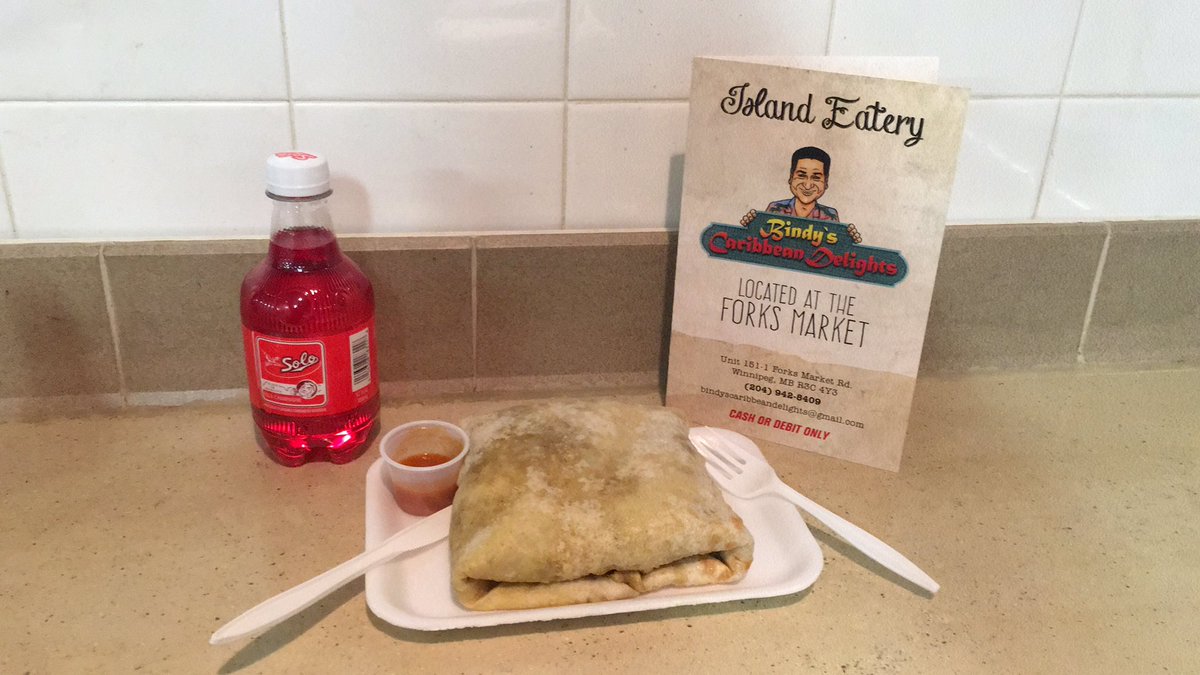 BindysCaribbean's tweet photo. Classic #ChickenRoti &amp; #redSolo with a side of #Bindy's house made pepper sauce! Open til 9 pm tnight #ForksMarket #Wpg https://t.co/XoqWeCe1nc