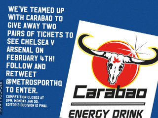 metrosportHQ's tweet photo. Fancy winning tickets to Chelsea v Arsenal? Thanks to @CarabaoUK we have two pairs to give away! Just follow and retweet to enter. #CFC https://t.co/fnUG94GiCx