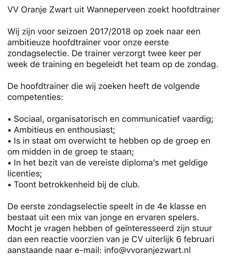 VVOranjeZwart's tweet image. Oranje Zwart zoekt hoofdtrainer voor seizoen 2017/2018 #4eklasse RT = fijn @TweeNul @sportstentorzwo