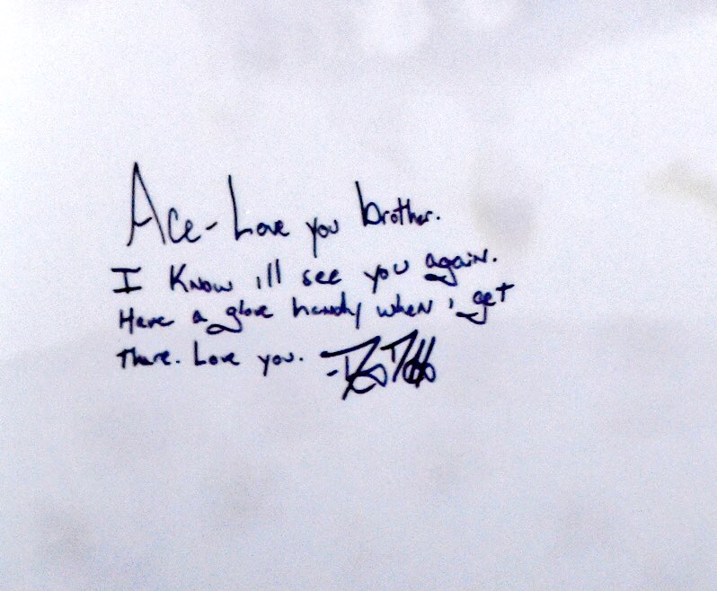 Royals's tweet image. Danny Duffy visits the #Ace30 memorial at #RoyalsFanFest and leaves a message on the signature wall.