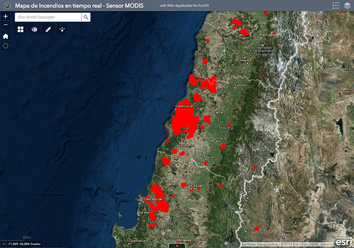 EsriChile's tweet photo. ¡Observe en el mapa y en tiempo real los focos de incendios activos! https://t.co/GSrJvMzCZW #GIS #storymaps #ArcGIS #PrayForChile https://t.co/3HEuKy3888
