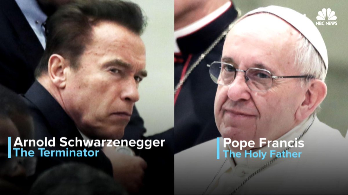 NBCNews's tweet photo. "The Terminator" Arnold Schwarzenegger and Pope Francis teamed up to talk about climate change https://t.co/IEYDySTAD9 https://t.co/B7jXDujTCj