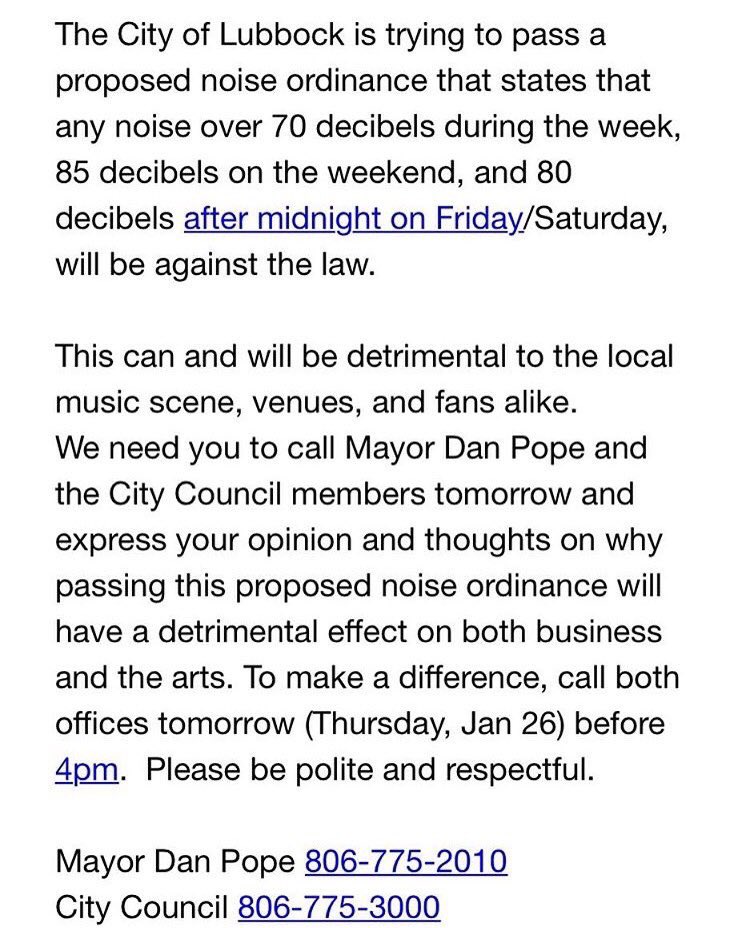 I just called the Lubbock Mayor's Office to oppose the new noise ordinance. You should too. Music is in all of our blood. 806-775-2010