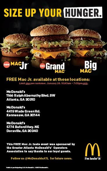 TheAutismDiva's tweet photo. Free Mac Jr burgers 2day 10:30am-7pm @ 3 McD locations: 1166 Ralph Abernathy Blvd, 5774 Buford Hwy NE, 4415 Wade Green Rd #ATLLovesMacJr https://t.co/ttRXA4T827