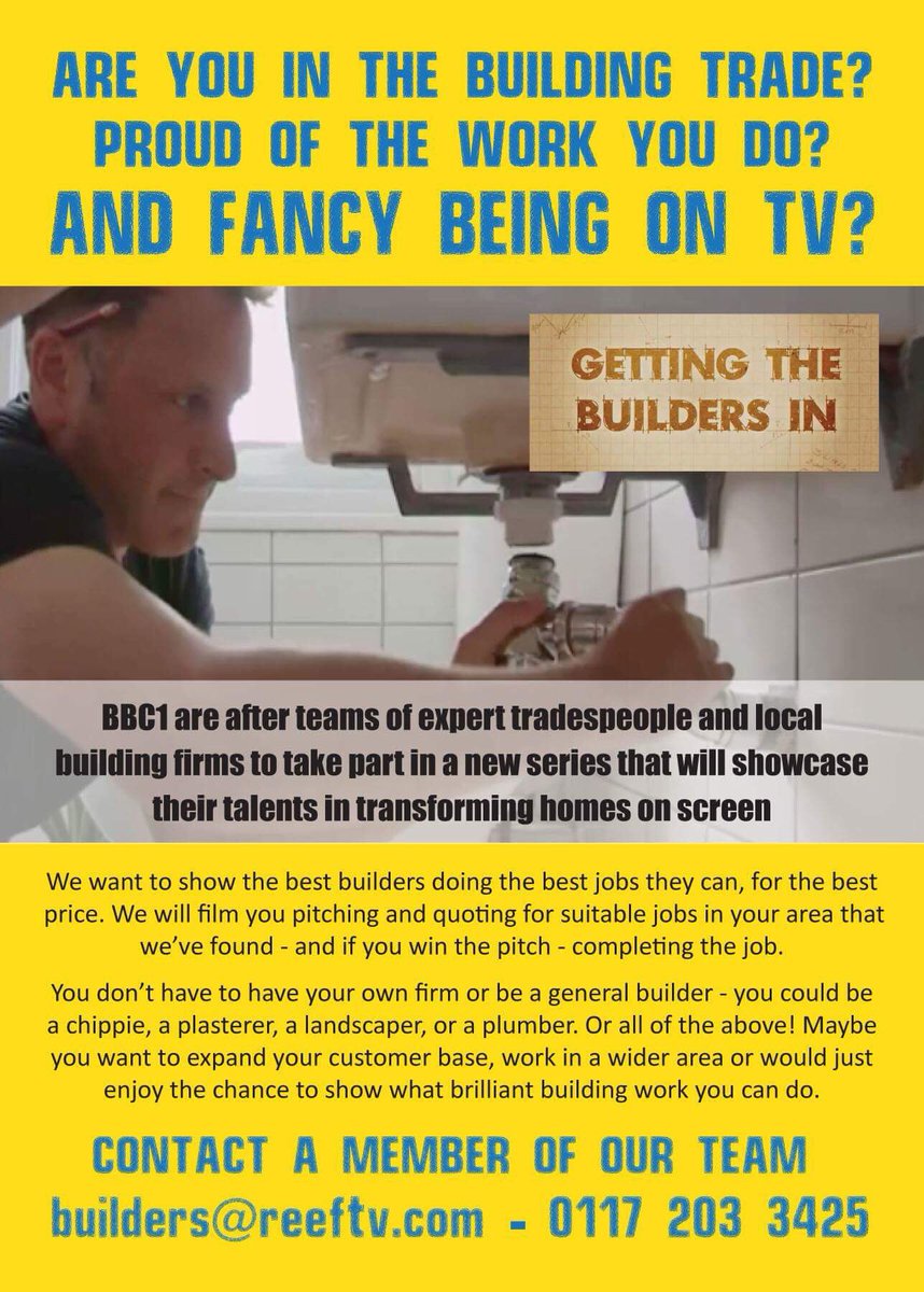 Are you a #builder in #Manchester and interested in showcasing your talents on #tv ?
e-mail: builders@reeftv.com