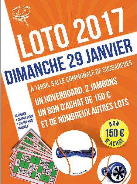 Loto du Tennis Club le 29 janvier à Sussargues, à 16h30 #loto #tennis #hoverboard #bonsachat #paniersgarnis #PuechHaut