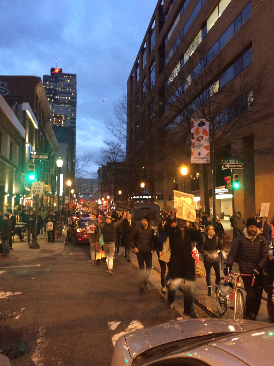 215studentunion's tweet photo. All the streets in a 3 block radius around Lowes Hotel where @realDonaldTrump is are taken by marchers. #ResistanceInPhilly https://t.co/BzIlXAcZ46