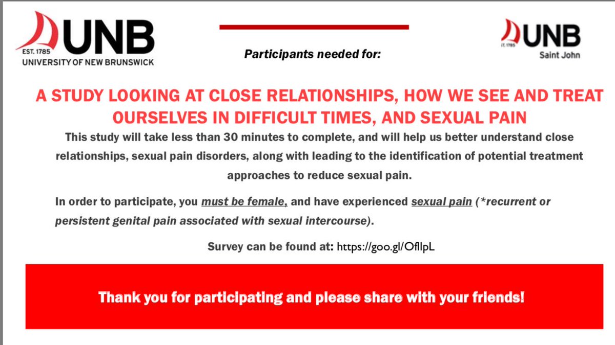 Participants needed for study on sexual pain and relationships - please share! @Dalnews @IWKHealthCentre <a href="/DrCChambers/">Dr. Christine Chambers</a> <a href="/DrMCampbellYeo/">Marsha Campbell-Yeo</a>