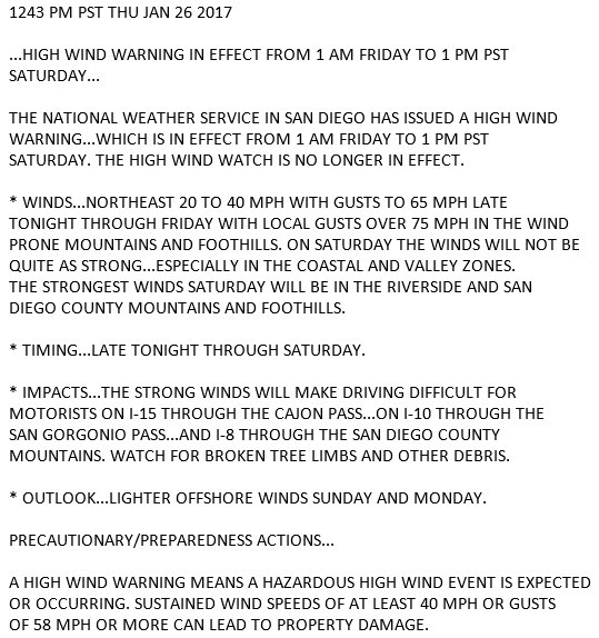 OrangeCountyEOC's tweet photo. A High Wind Warning has been issued by @nwssandiego from 1/27/2017 1:00 AM to 1/28/2017 1:00 PM for all areas of Orange County. https://t.co/dI4CjFrxll