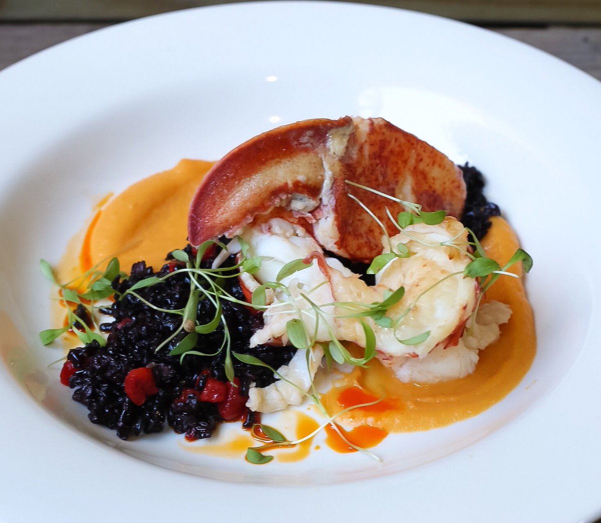 Coppelianyc's tweet photo. Today's menu spotlight is this delicious  poached lobster with black Thai rice, sweet potato puree, red peppers #dinner #Foodiechats https://t.co/BYvg0XvoYP