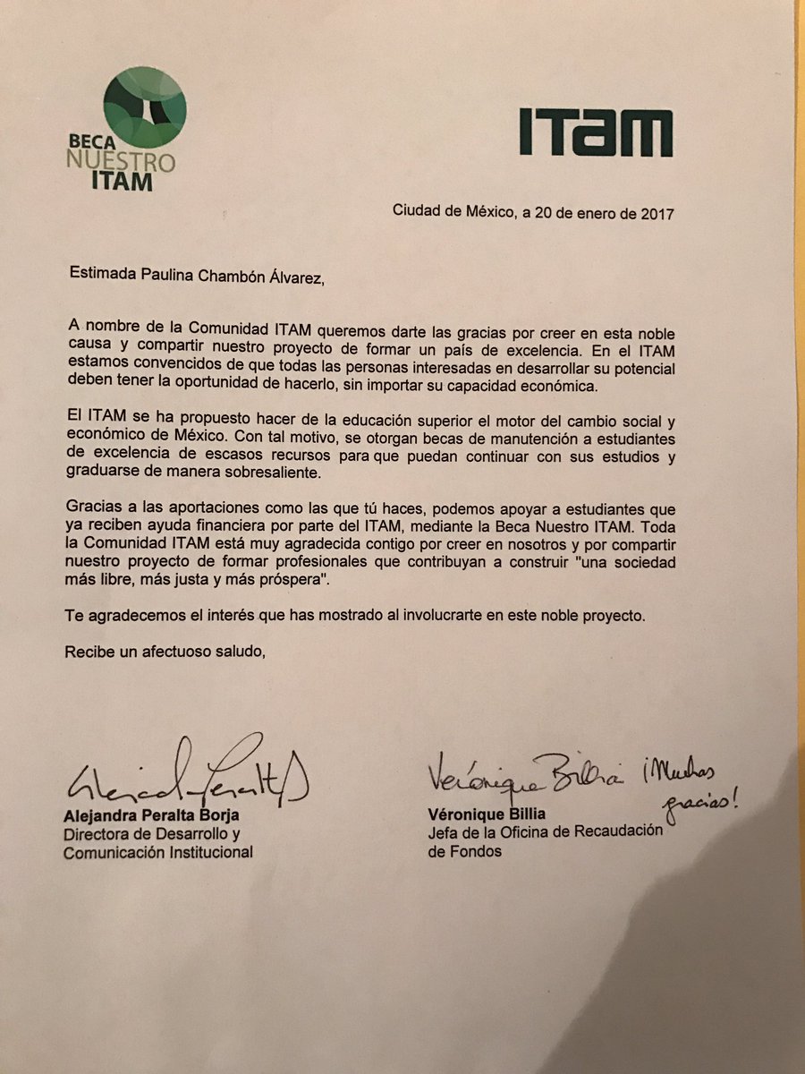 La mejor forma de agradecer lo que se me dio. #BecaNuestroITAM <a href="/ITAM_mx/">ITAM</a> 😊