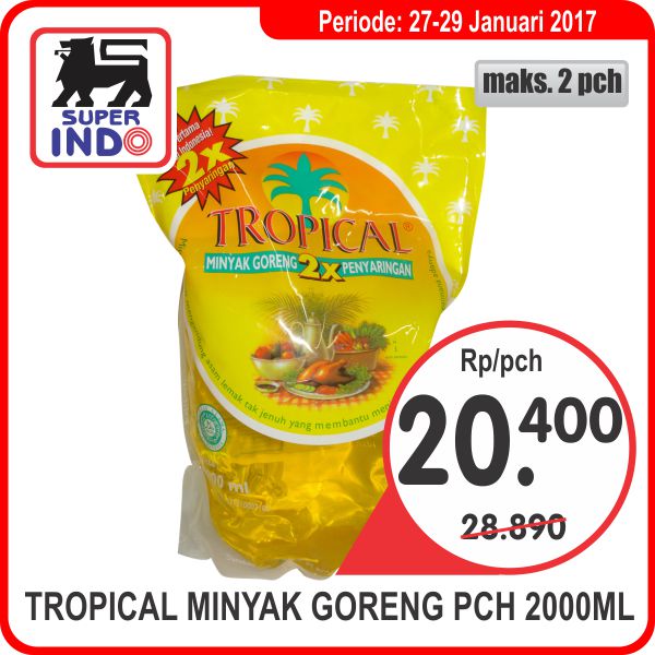 InfoSuperIndo's tweet photo. PROMO! Tropical Minyak Goreng Pch 2000ml Rp20.400/pch (maks 2 pch). Periode promo 27-30 Januari 2017. https://t.co/ESIfBNIpyX