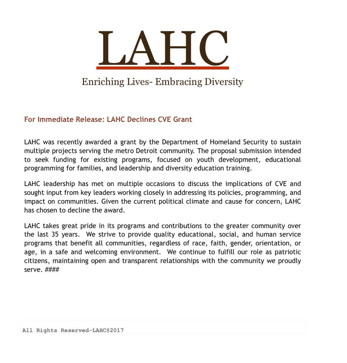 aayoub's tweet photo. Thank you for the leadership by @LAHC4. They rejected a large #CVE grant. Principles and leadership over money. #NoToCVE https://t.co/bnPWltb2Us