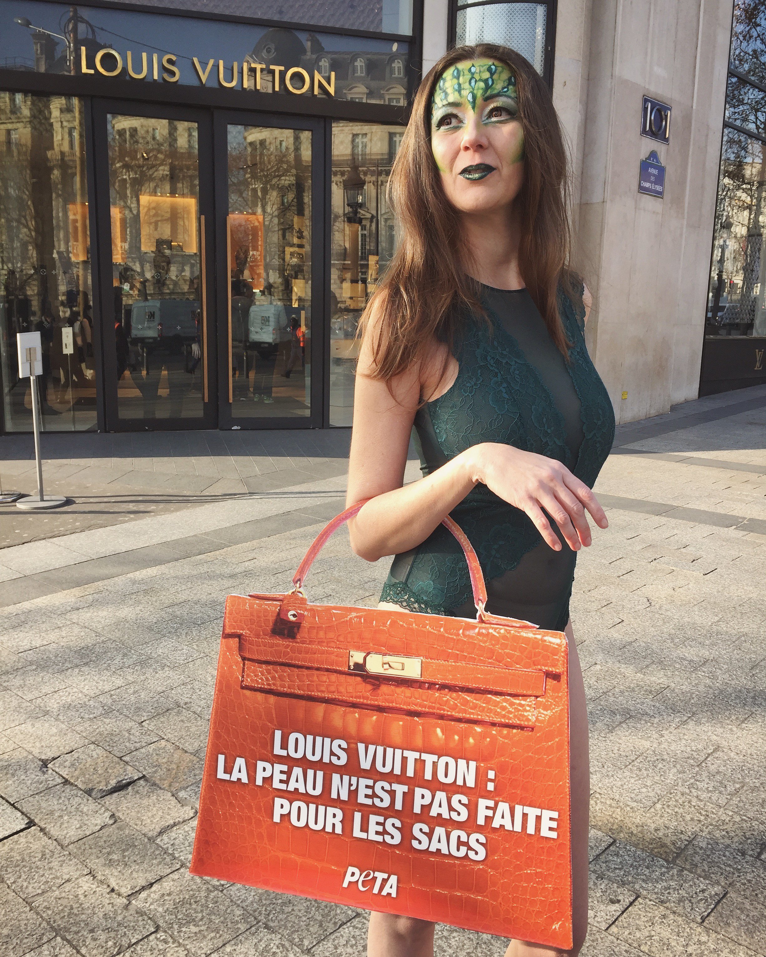 PETA on X: #Paris: A crocodile tells @LouisVuitton that her skin