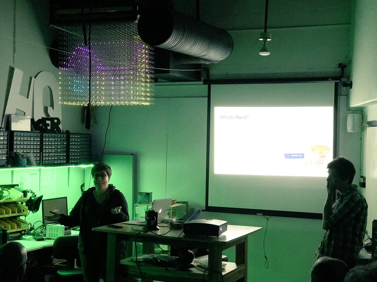 Our very own <a href="/emmafletcher/">Emma Fletcher 🦋</a> and <a href="/andycolborn/">Andy Colborn</a> talking about our #LearnToSolderKits at Open Hardware night <a href="/makerhqsac/">makerhq</a>!