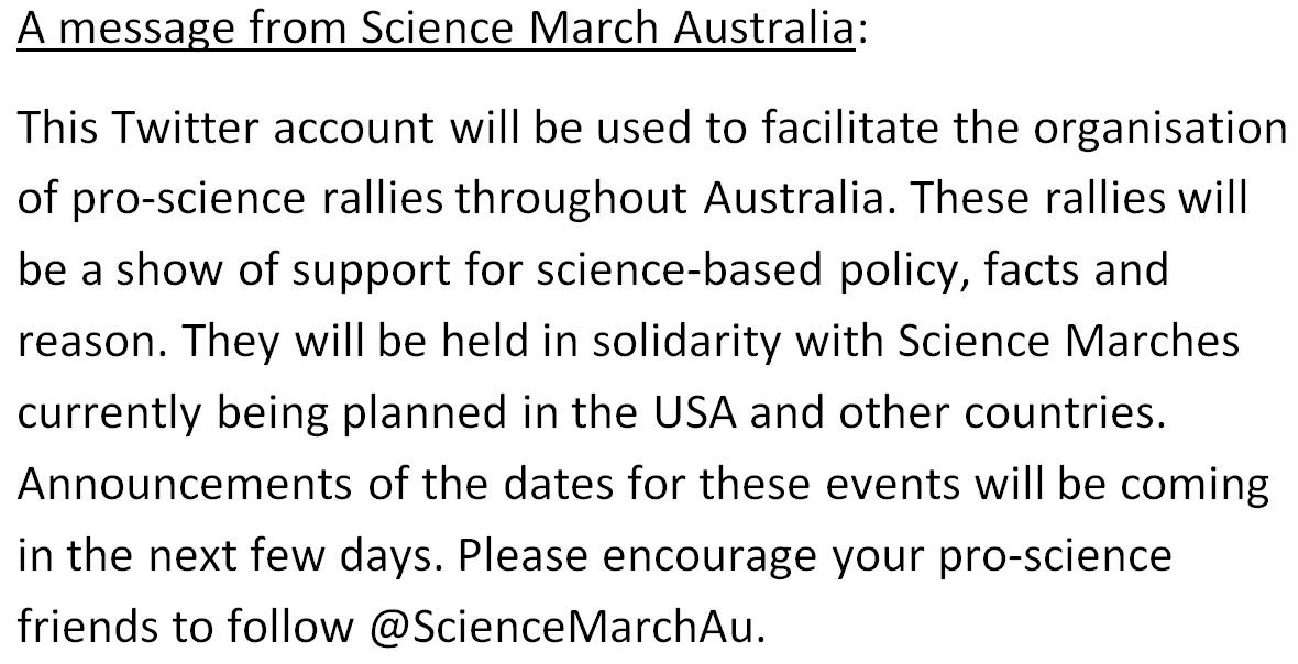 ScienceMarchAu's tweet photo. Science March Australia will facilitate the organisation of pro-science rallies throughout Australia. #ScienceMarchAu. Follow for updates! https://t.co/I6Zkmxvwai