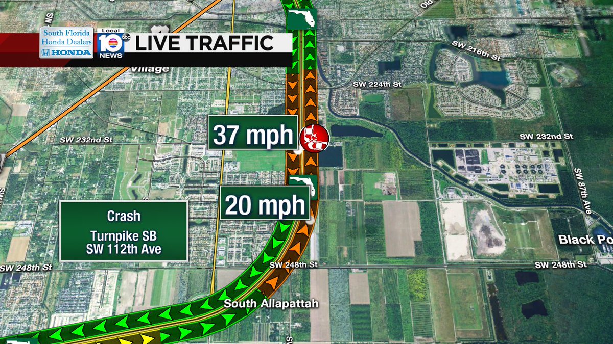 Crash on Turnpike SB at SW 112th Ave & Emergency Vehicles Turnpike NB at SW 216th St #trafficalert https://t.co/YhDJmRSQph
