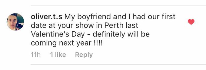Fun fact: my show is an excellent aphrodisiac. And luckily for you, our Perth Fr.... https://t.co/BtwU8ZhGoL<a href="/tag/ruokday"class="tags"><span>#ruokday</span></a><a href="/tag/ruok"class="tags"><span>#ruok</span></a>
