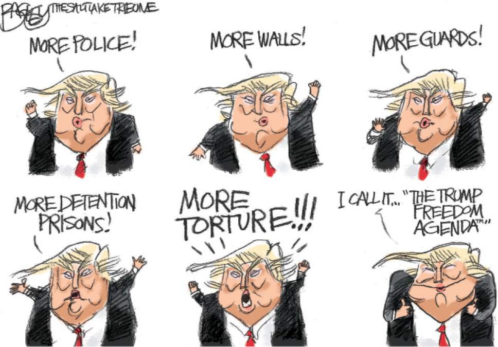 astroehlein's tweet image. Trump&apos;s &quot;Freedom Agenda&quot; (cartoon by @Patbagley bit.ly/2jlaZBP)