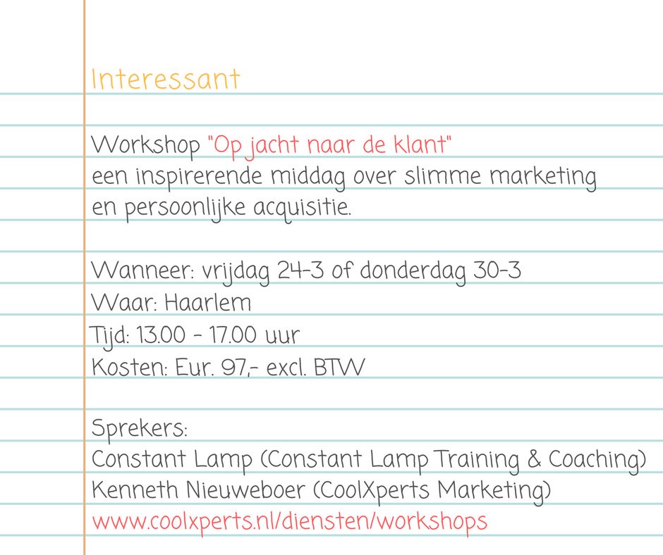 coolxperts's tweet image. Nieuwe data voor de #workshop &quot;Op jacht naar de klant bekend&quot;. Over #marketing en #acquisitie. ow.ly/YSSi308oZfP #haarlem