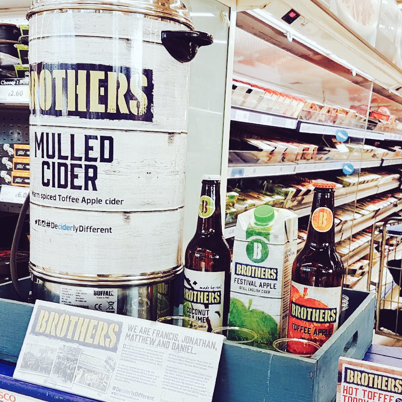 BrothersCider's tweet photo. Try our famous #HotToffeeToddy, new #festival cider cartons & our #delicious fruit ciders today at @Tesco #Nailsea. #deciderlydifferent https://t.co/ASxKu0HQWR