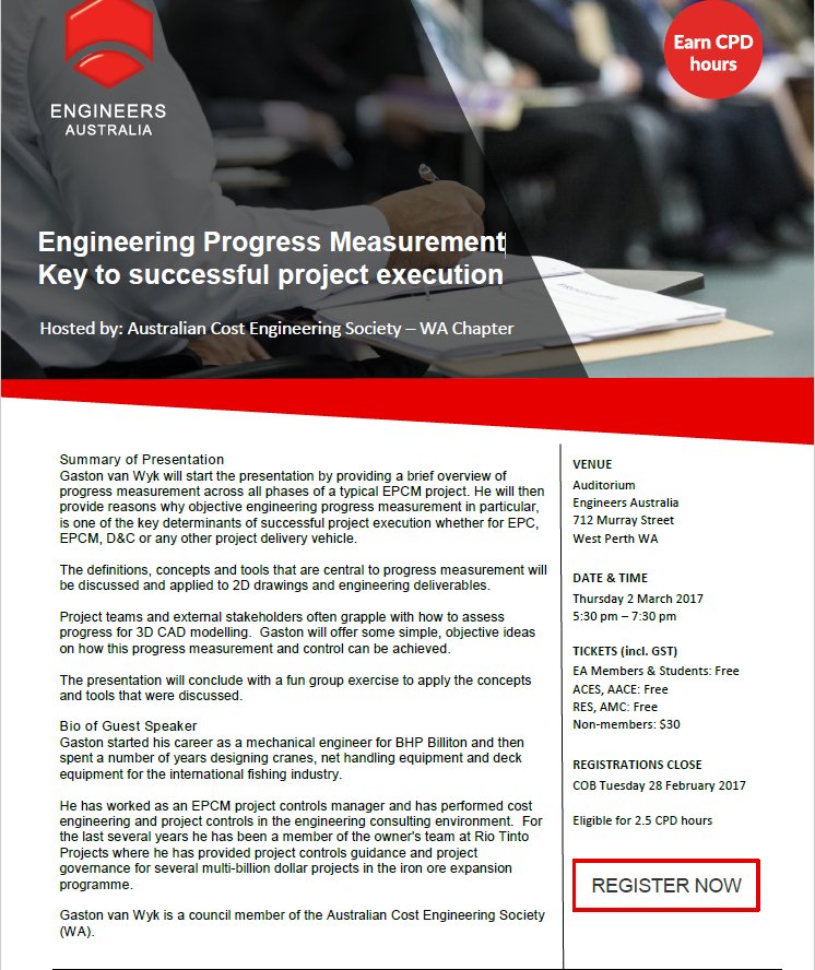 wa_aces's tweet photo. WA ACES Event - Engineering Progress Measurement - 2nd March 2017.
What are your keys to successful project execution? https://t.co/cHZ17F0R9x