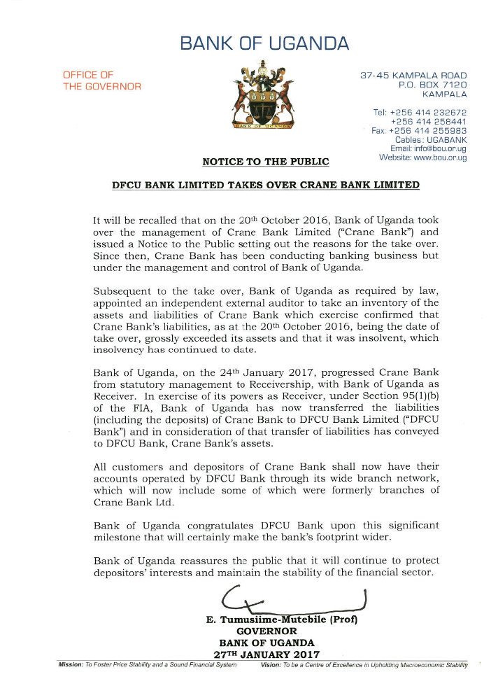 Fireliglntfi's tweet photo. .@BOU_Official DOCUMENT: DFCU Bank Limited takes over Crane Bank limited #NBSUpdates https://t.co/7HymAJYYWK