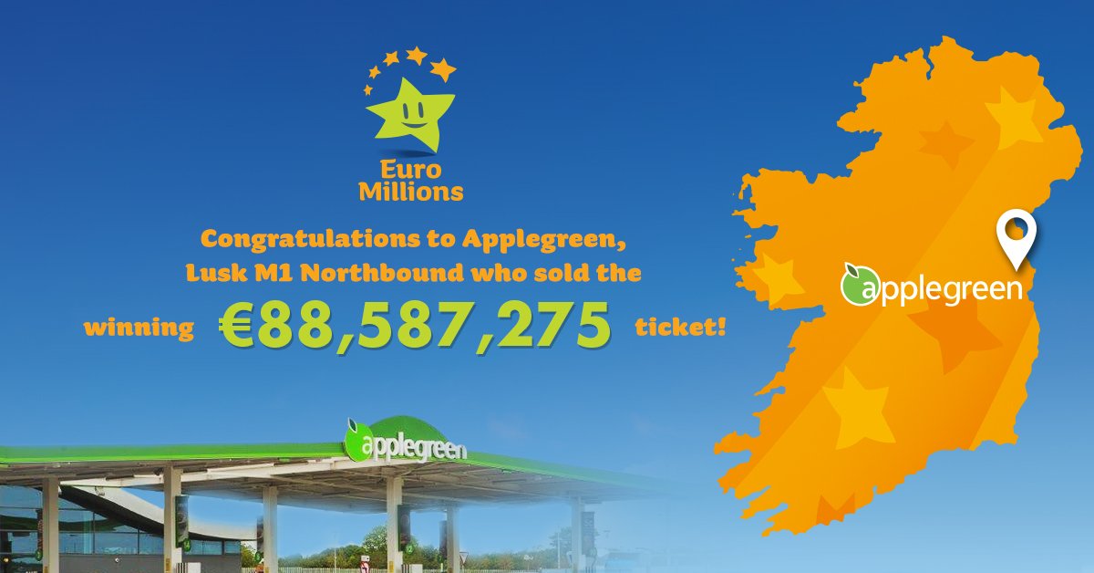 goapplegreen's tweet photo. €88.5 million EuroMillions ticket sold @ Applegreen Lusk, M1 NB. To celebrate, UL&amp;Diesel reduced to 88.5c per litre @ site while stocks last https://t.co/FRUYGFgc0o