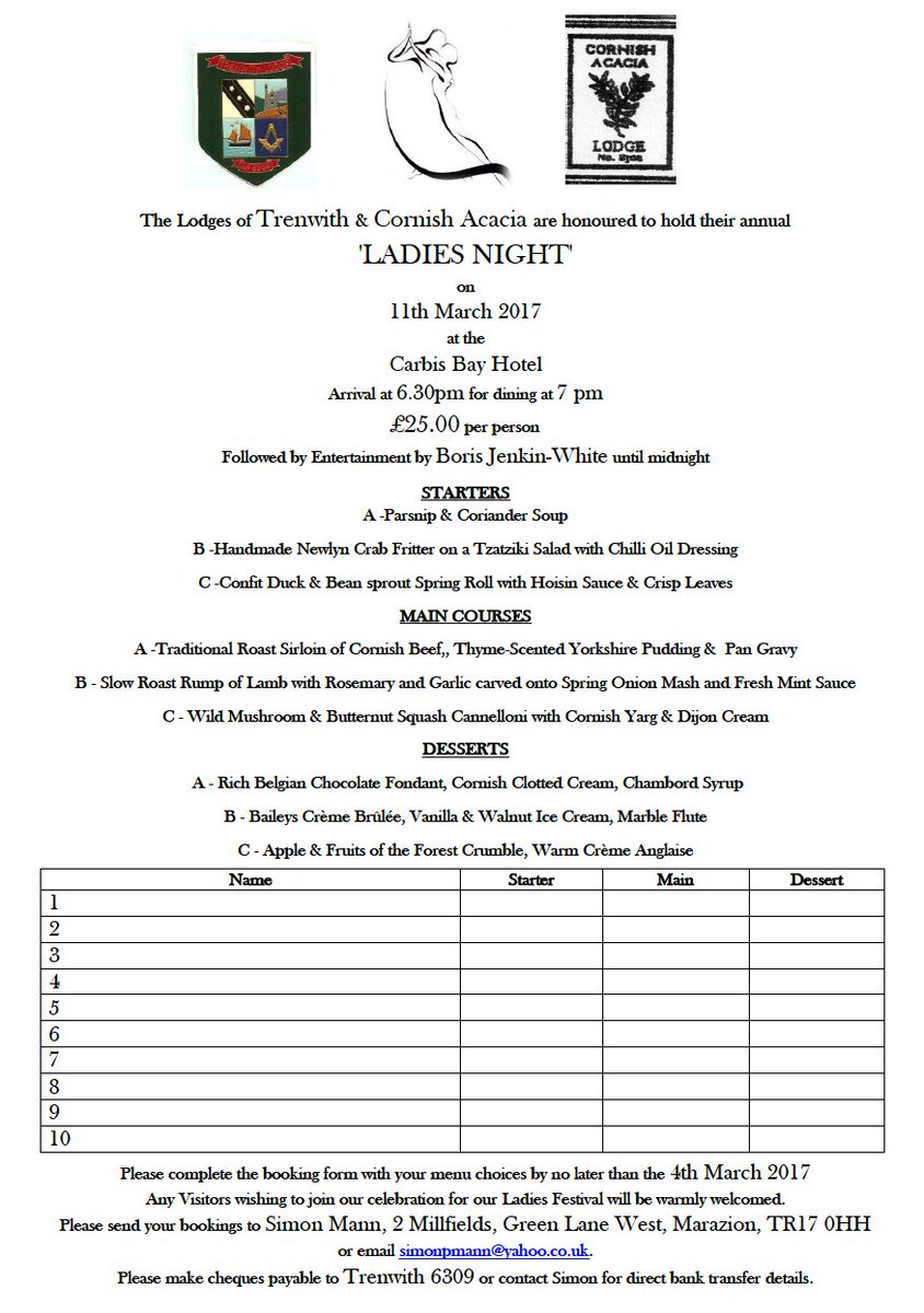 CornishAcacia's tweet photo. @CornishAcacia &amp; @Trenwith_Lodge are holding their joint Ladies Night on 11th March at Carbis Bay Hotel. All welcome. Booking form attached. https://t.co/bkPX437Q08