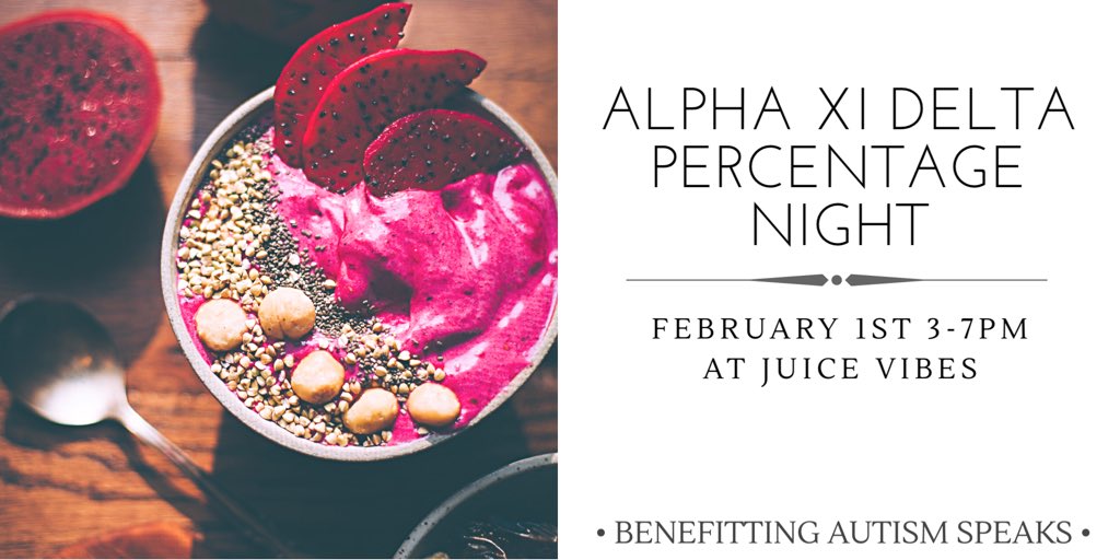 Join us at Juice Vibes - February 1st from 3-7 p.m. for our percentage night! 15% of purchases will be donated to Autism Speaks!