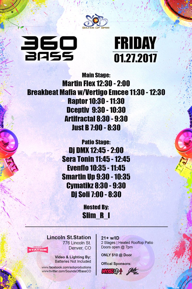 SoundsOfBassCO's tweet photo. TONIGHT IN DENVER!!!
360 BASS w/ @MartinFlex &amp; Friends
2 Stages | 2 Levels | 7pm - 2am | 21 + w/ID
@ Lincoln St. Station | ONLY $10 @ Door https://t.co/C6MIktBsvE