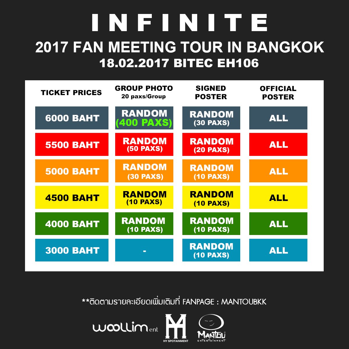 ตามที่แฟนๆ เรียกร้อง พี่หมั่นโถวขอประกาศข่าวดี  
อัพเกรดสิทธิให้ผู้ที่ซื้อบัตรทุกท่านตามเลขที่นั่งใหม่

#InfiniteFanMeetinginBangkok