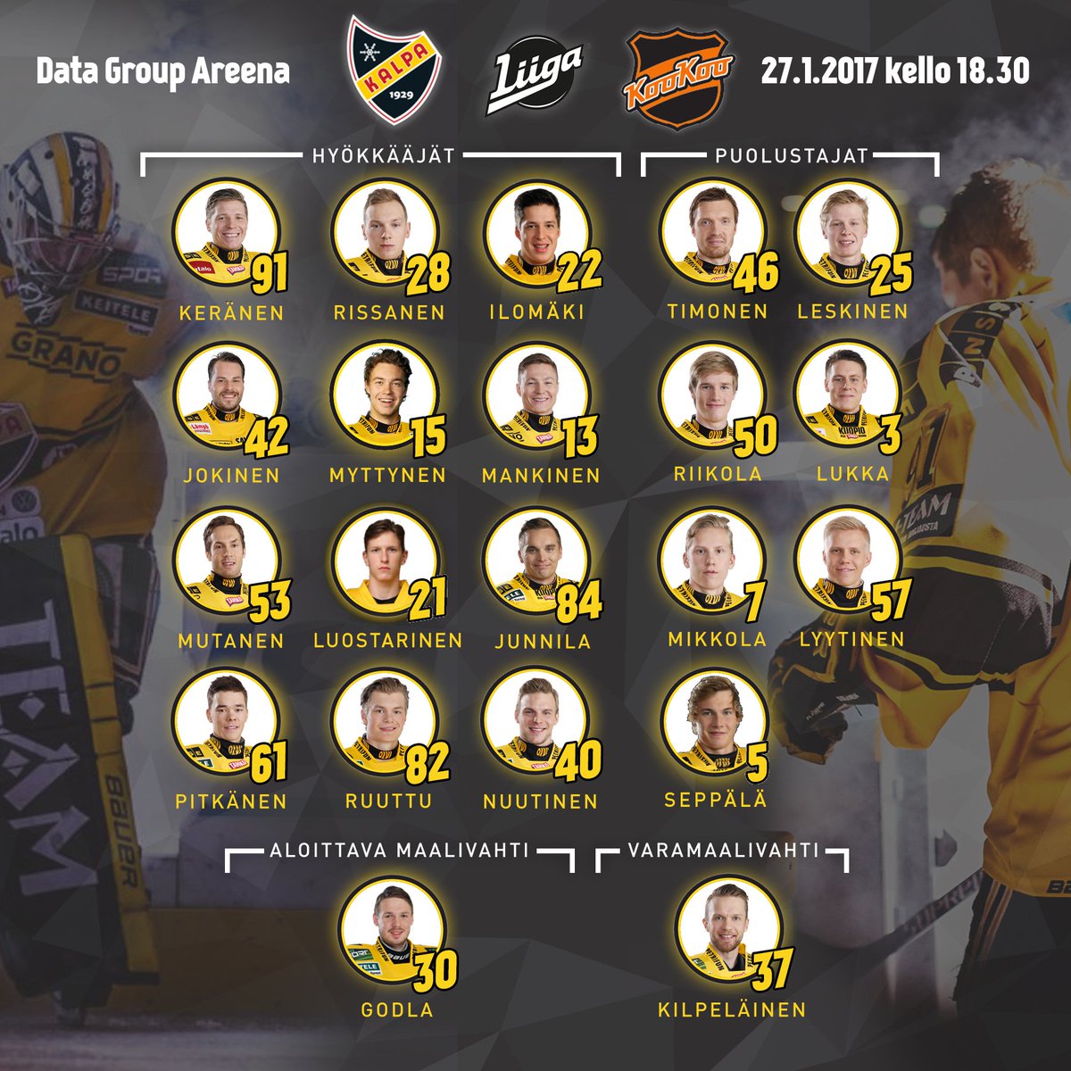 KalPa_Hockey's tweet photo. Tänään Data Group Areenan illassa #KooKoo'ta vastaan nähdään nämä miehet! #GodlaMode maalilla, @kileer37 huilivuorossa
#KalPa
#liiga https://t.co/uYxYg650Cr