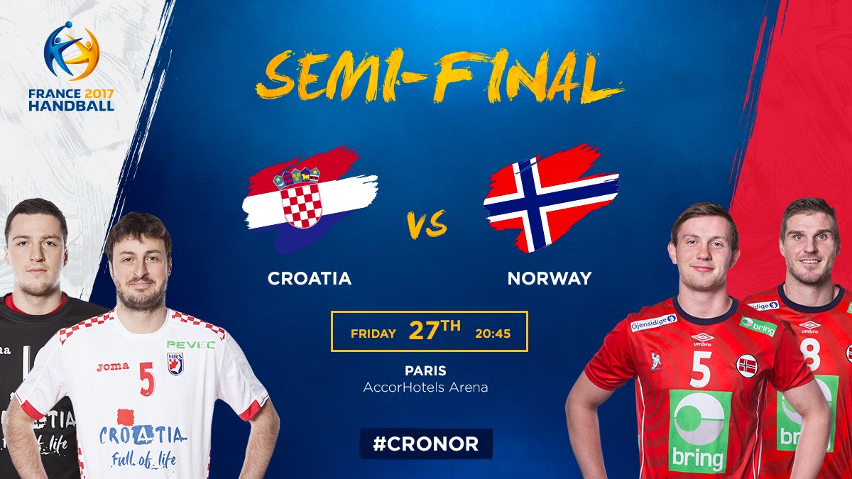 Hand2017's tweet photo. 🇭🇷 Croatia ⚡️ Norway 🇳🇴
➡️ Semi-Final
📍 Paris
🕑 8:45 PM
📲 #CRONOR

#Handball2017 #PhenomenalHandball https://t.co/fKOnfgU93A