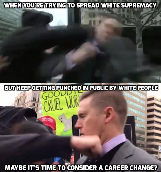 dwsjca's tweet photo. Richard Spencer is having a bad 2017 #PepePunch #PunchANazi #FistFullofNazi #careerChange #MAGA https://t.co/GMPh8X0T5G